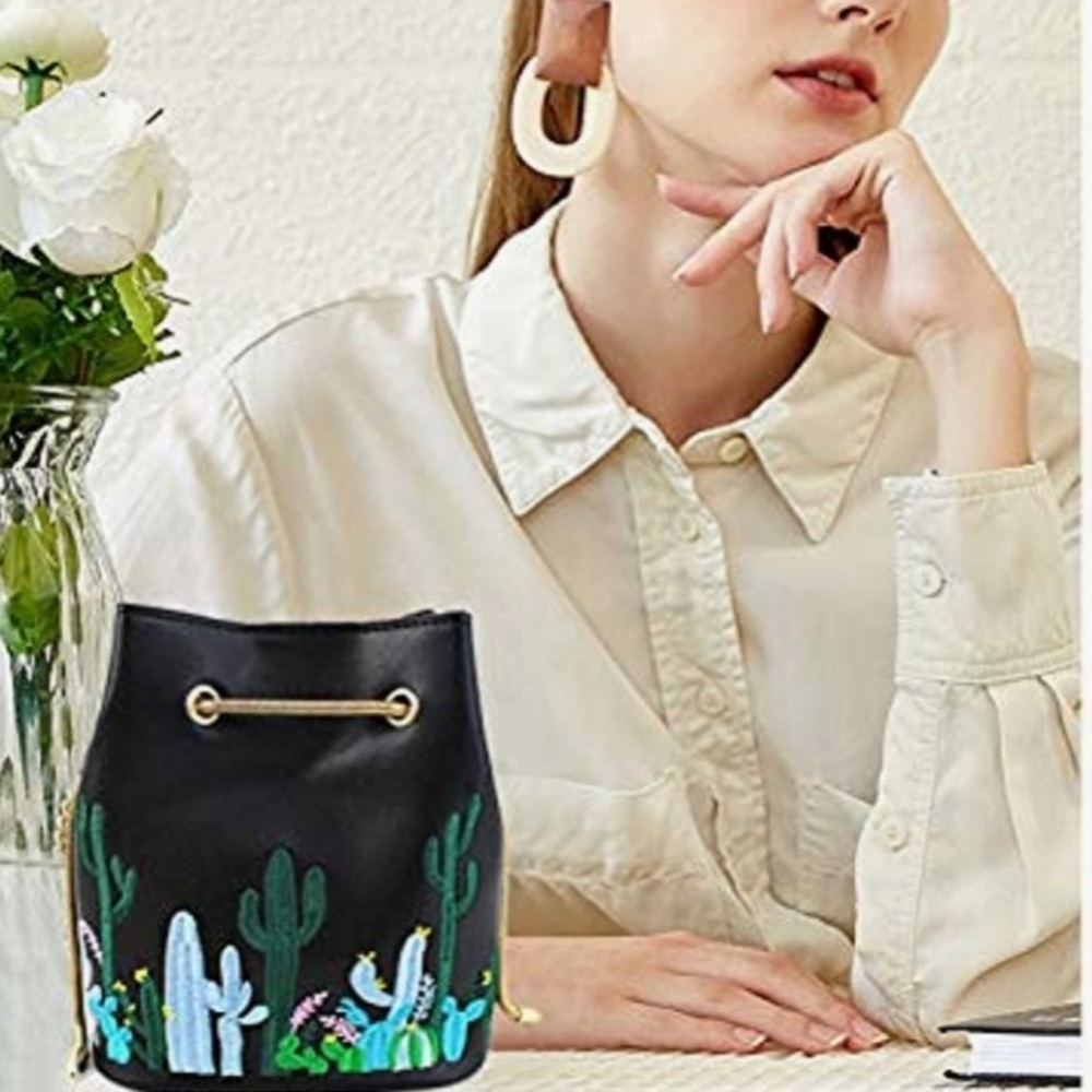 Embroidered Black Bucket Bag with Gold Chain